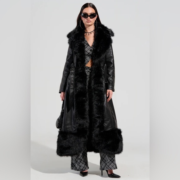 LONG PU TRENCH WITH FAUX FUR TRIM - Picture 4 of 8